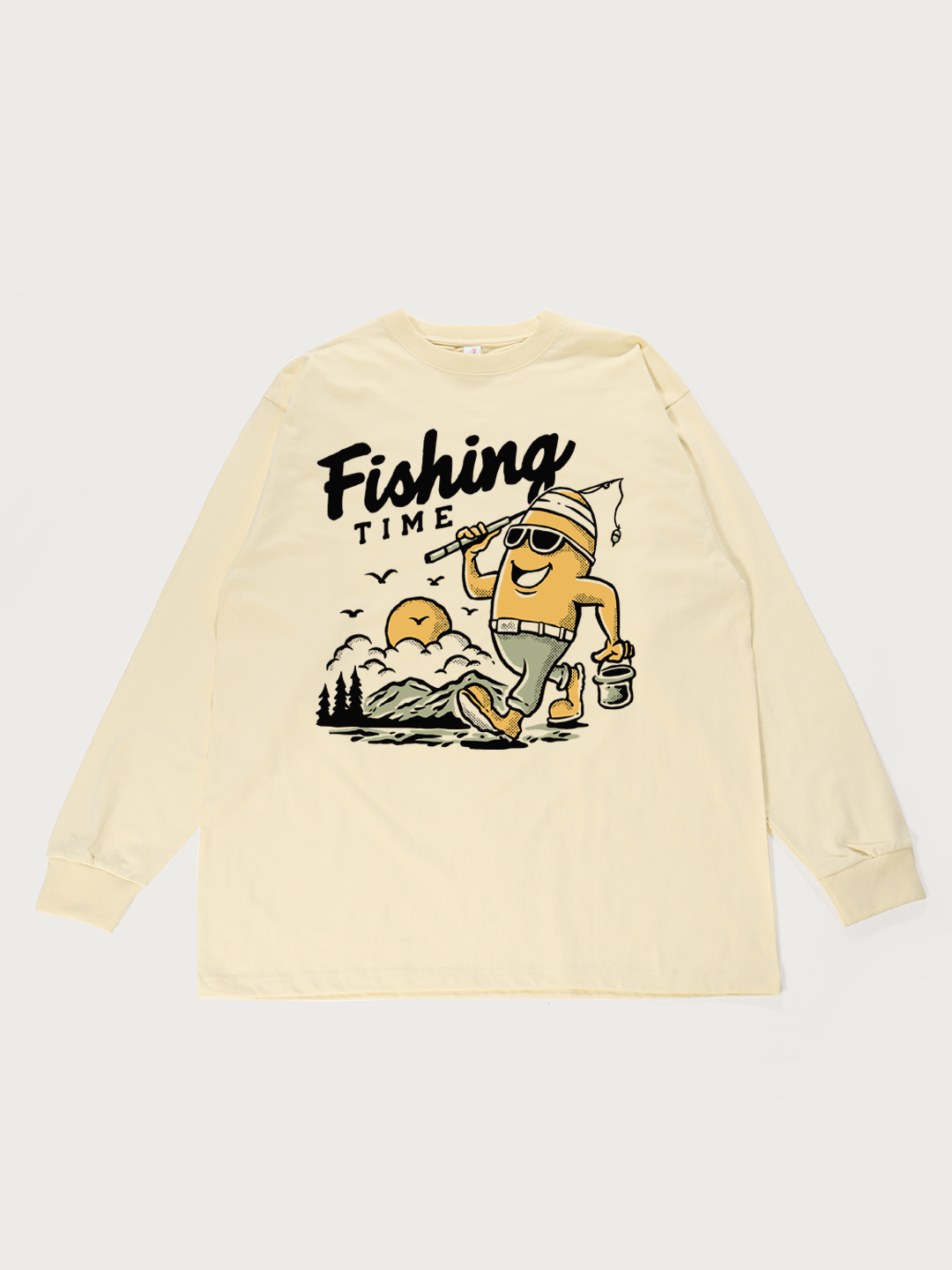 Fishing Time Cartoon - Unisex Retro Cotton Long Sleeve T-Shirt
