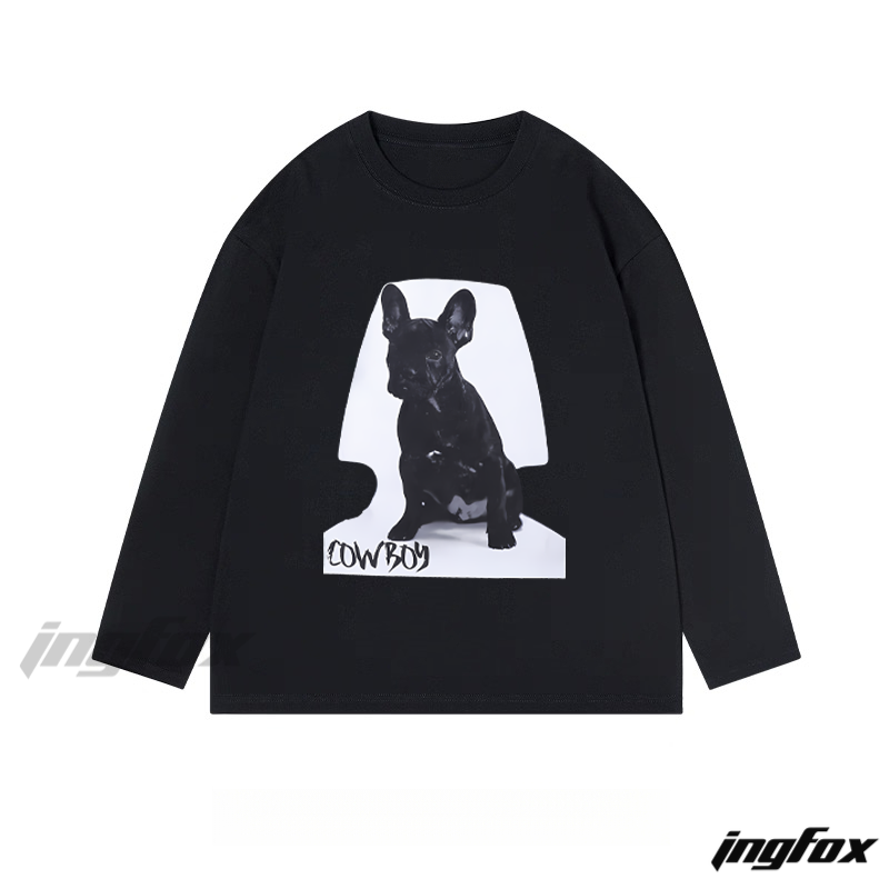 French Bulldog Portrait with "Cowboy" Text - Classic Cotton Long Sleeve Tee