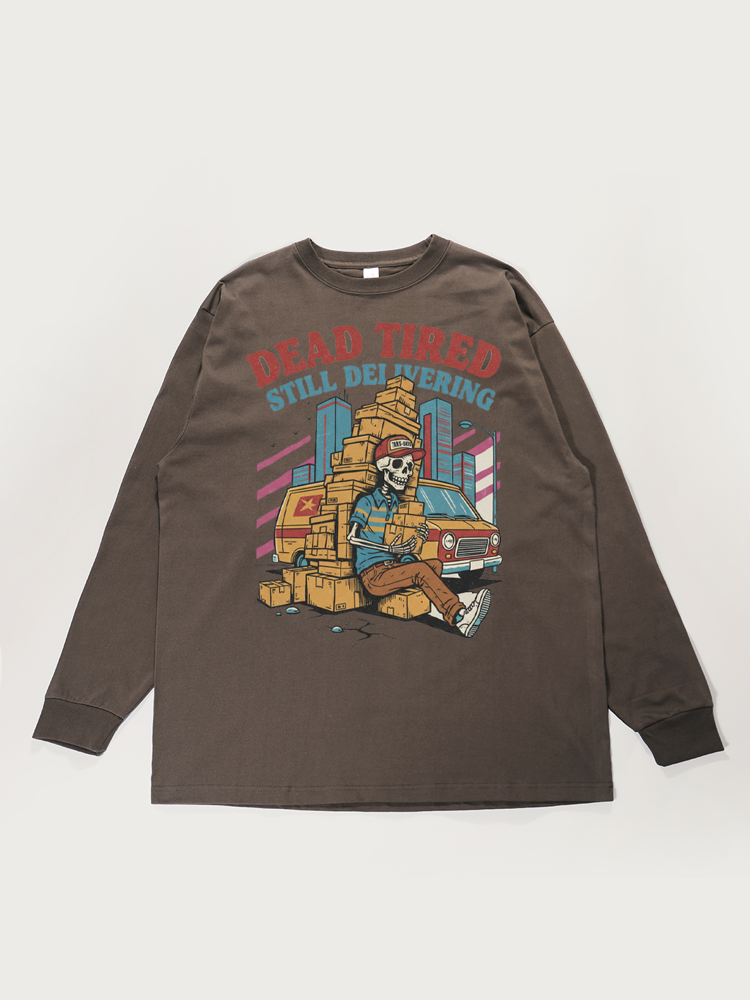 Dead Tired Still Delivering Skeleton - Unisex Retro Cotton Long Sleeve T-Shirt