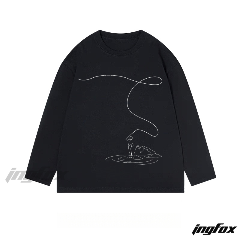 Minimalist Fishing Scene - Classic Cotton Long Sleeve Tee