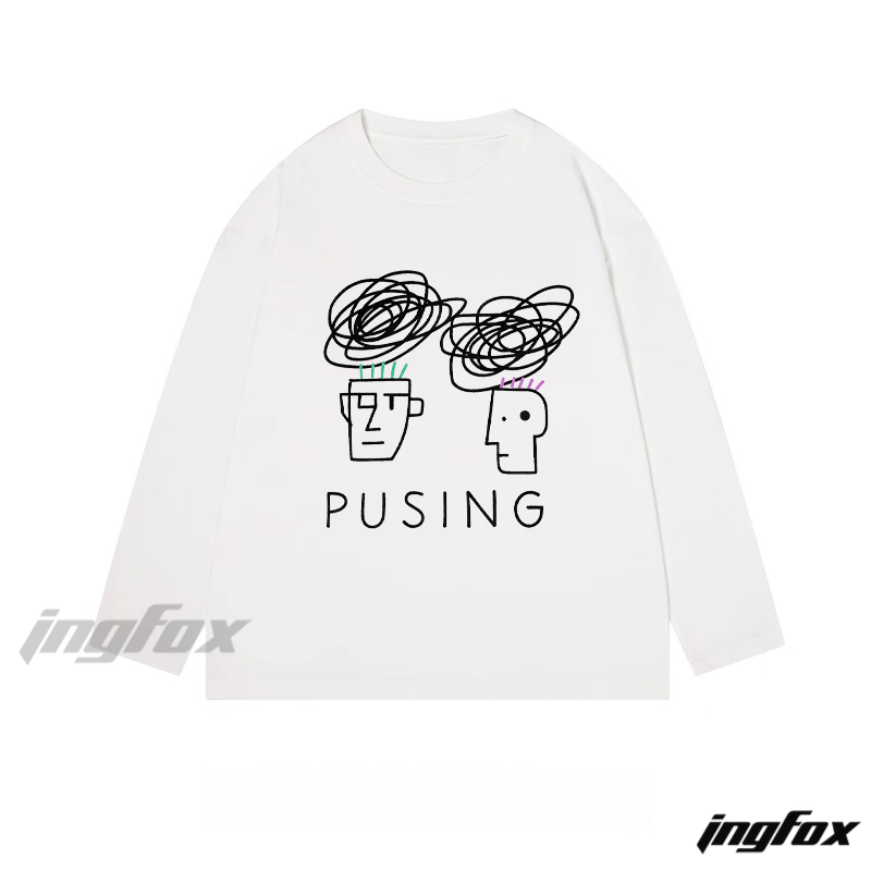 Abstract Figure and "PUSING" Text Graphic - Classic Cotton Long Sleeve Tee