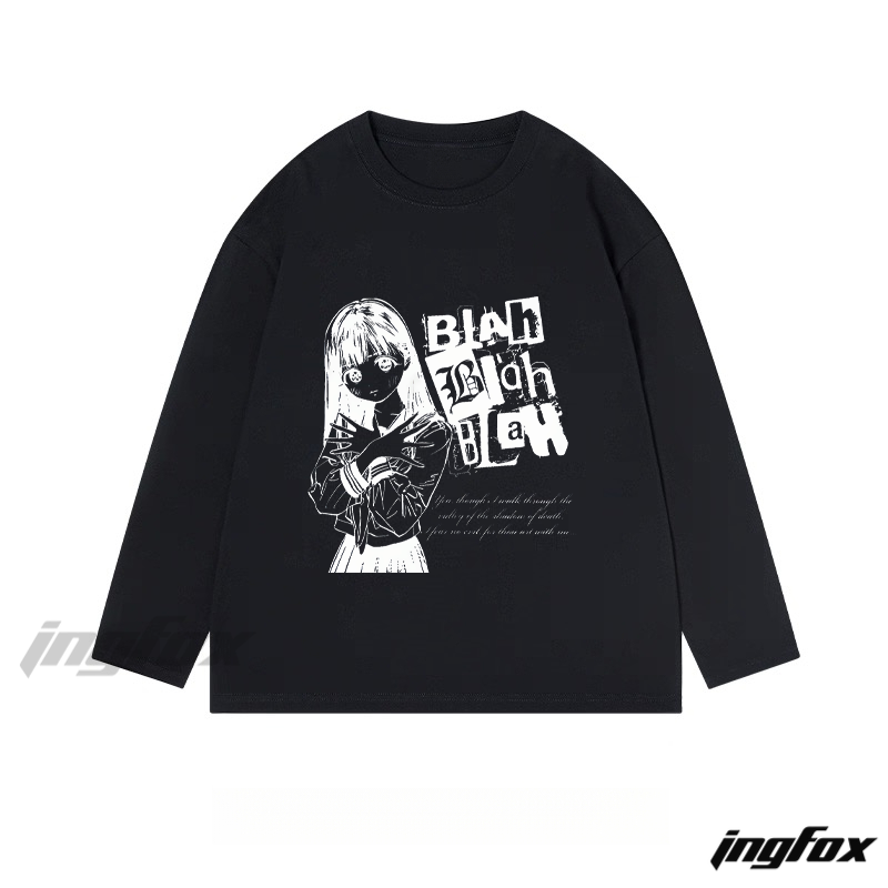 Anime - Style "Blah Blah Blah" Graphic - Classic Cotton Long Sleeve Tee