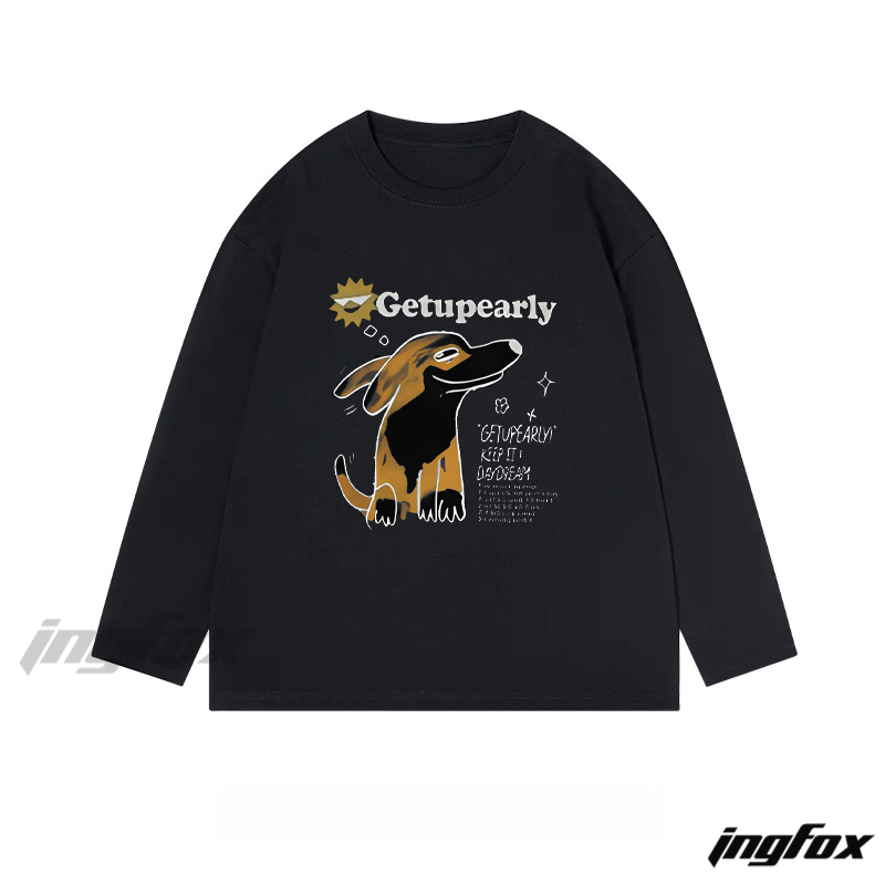 "Getupearly" Cartoon Dog - Themed Classic Cotton Long Sleeve Tee