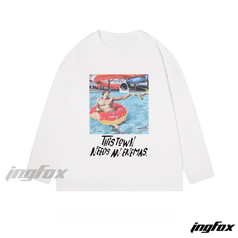 Pool Scene with Text "This Town Needs An Enemas" - Classic Cotton Long Sleeve Tee