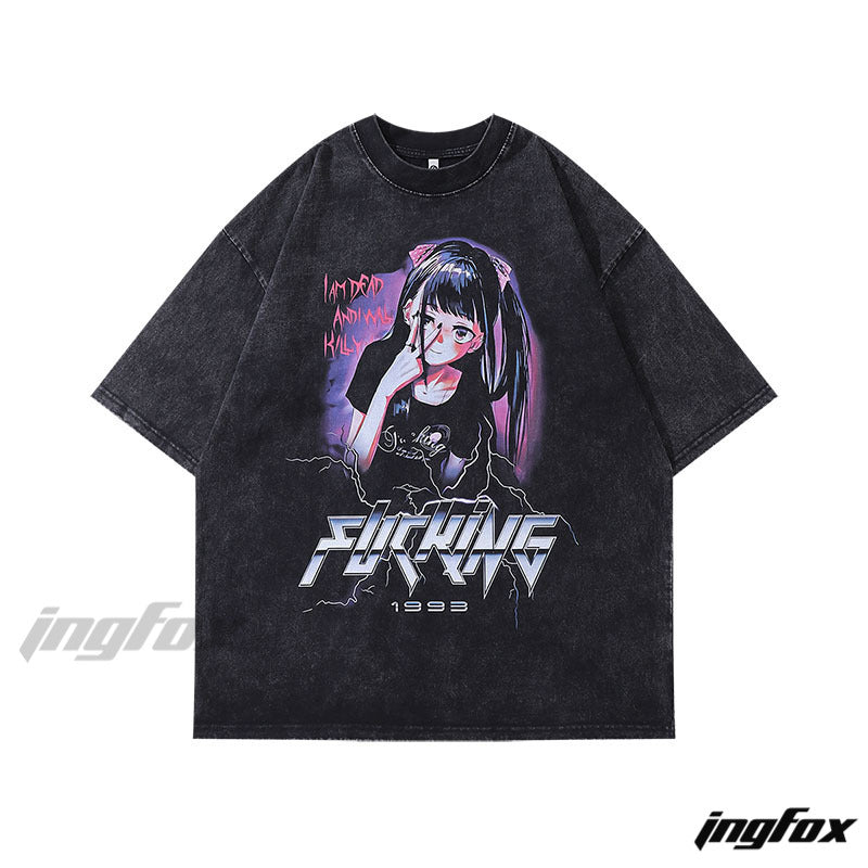 Anime Girl & Fucking 1993 - Vintage Washed Oversized T - Shirt