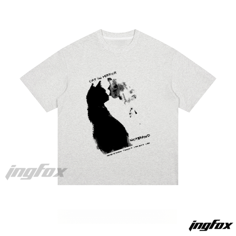 Cat in Mirror Graphic - Loose Fit Short Sleeve T - Shirt