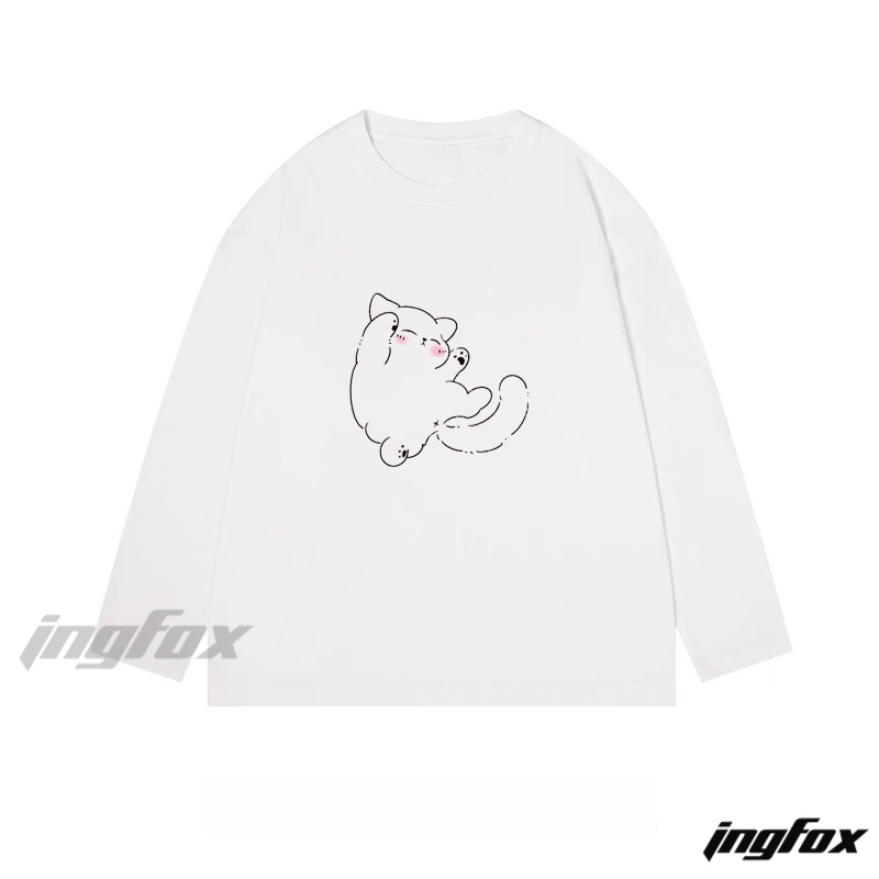 Cute Cat Cartoon Graphic - Classic Cotton Long Sleeve Tee