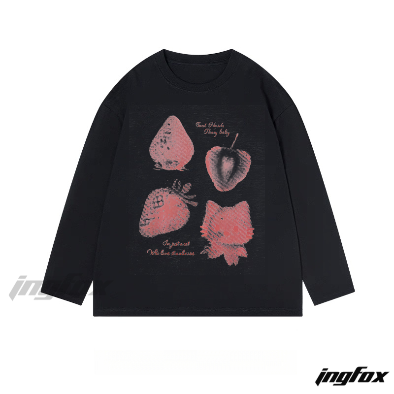 Strawberry and Cat Graphic - Classic Cotton Long Sleeve Tee