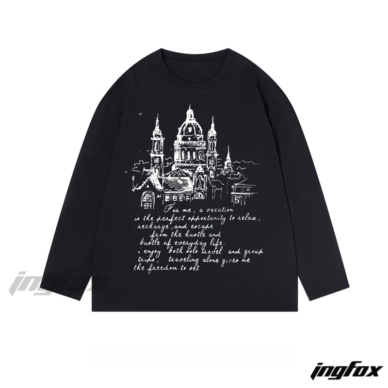 Architectural Sketch with Travel Text - Classic Cotton Long Sleeve Tee
