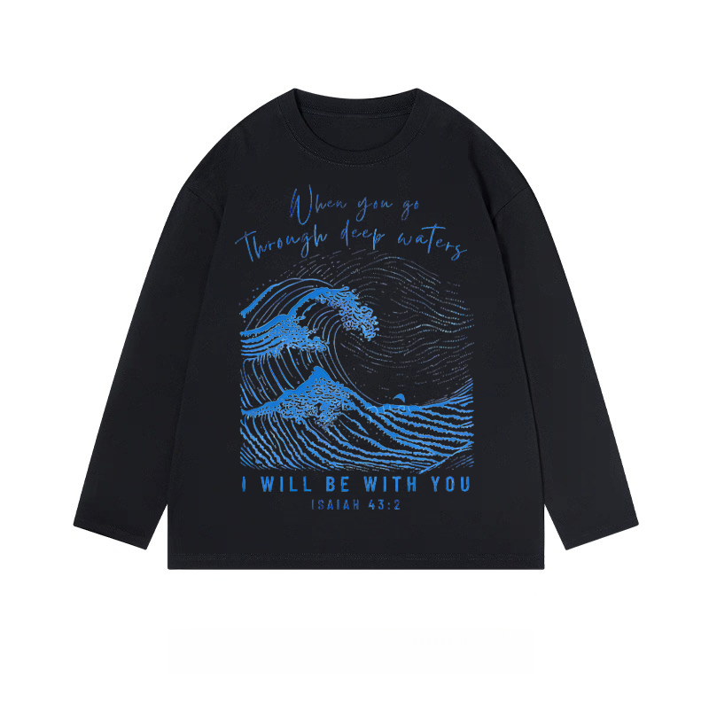Isaiah 43:2 Biblical Text with Wave Graphic - Classic Cotton Long Sleeve Tee