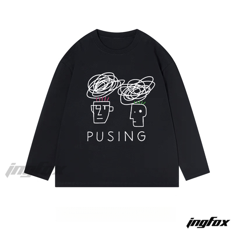 Abstract Figure and "PUSING" Text Graphic - Classic Cotton Long Sleeve Tee