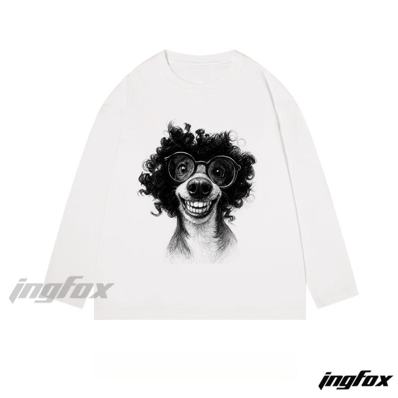 Curly - Haired Dog With Glasses - Classic Cotton Long Sleeve Tee