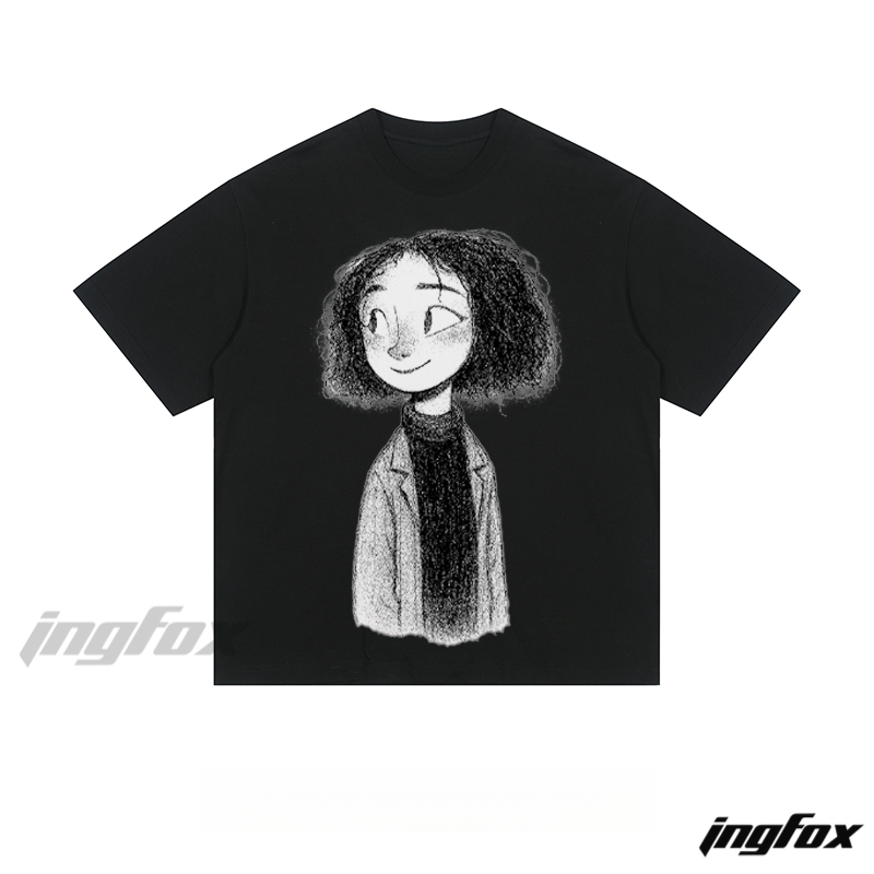 Curly - Haired Girl Sketch - Loose Fit Short Sleeve T - Shirt