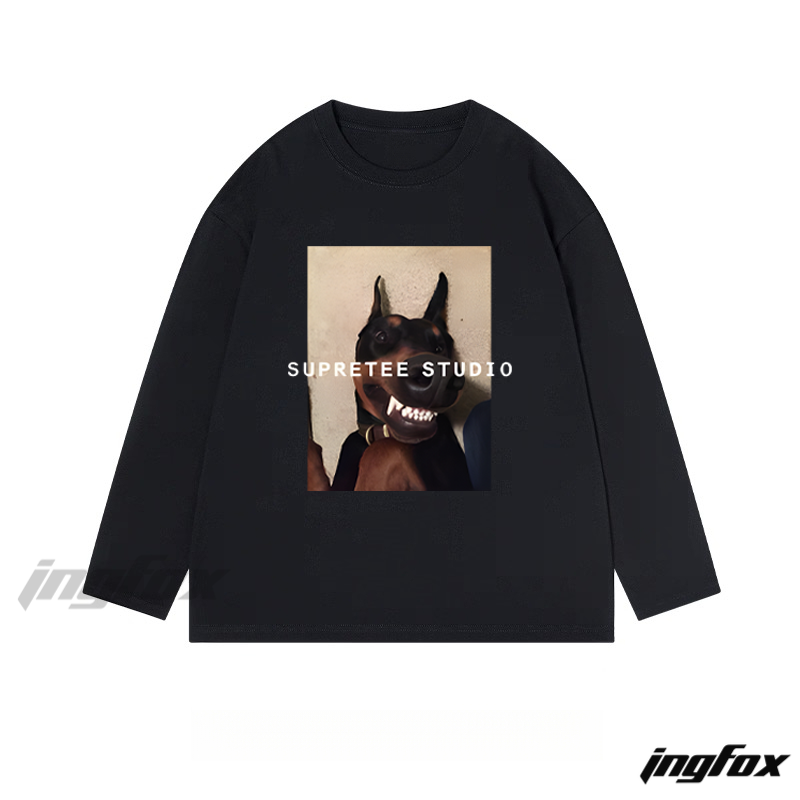 Doberman Portrait with "SUPRETEE STUDIO" Text - Classic Cotton Long Sleeve Tee