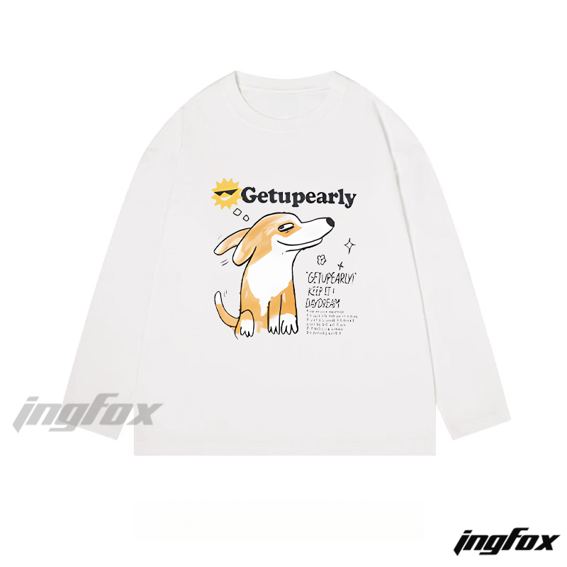 "Getupearly" Cartoon Dog - Themed Classic Cotton Long Sleeve Tee