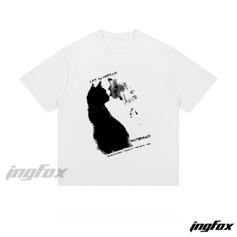 Cat in Mirror Graphic - Loose Fit Short Sleeve T - Shirt