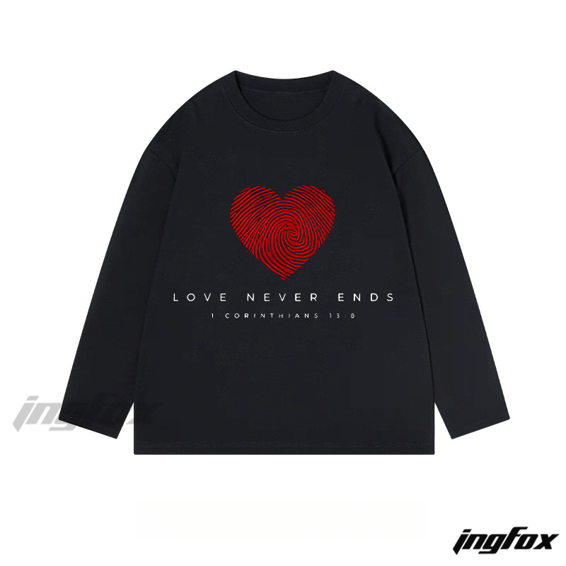 "Love Never Ends" 1 Corinthians 13:8 Biblical Text Graphic - Classic Cotton Long Sleeve Tee