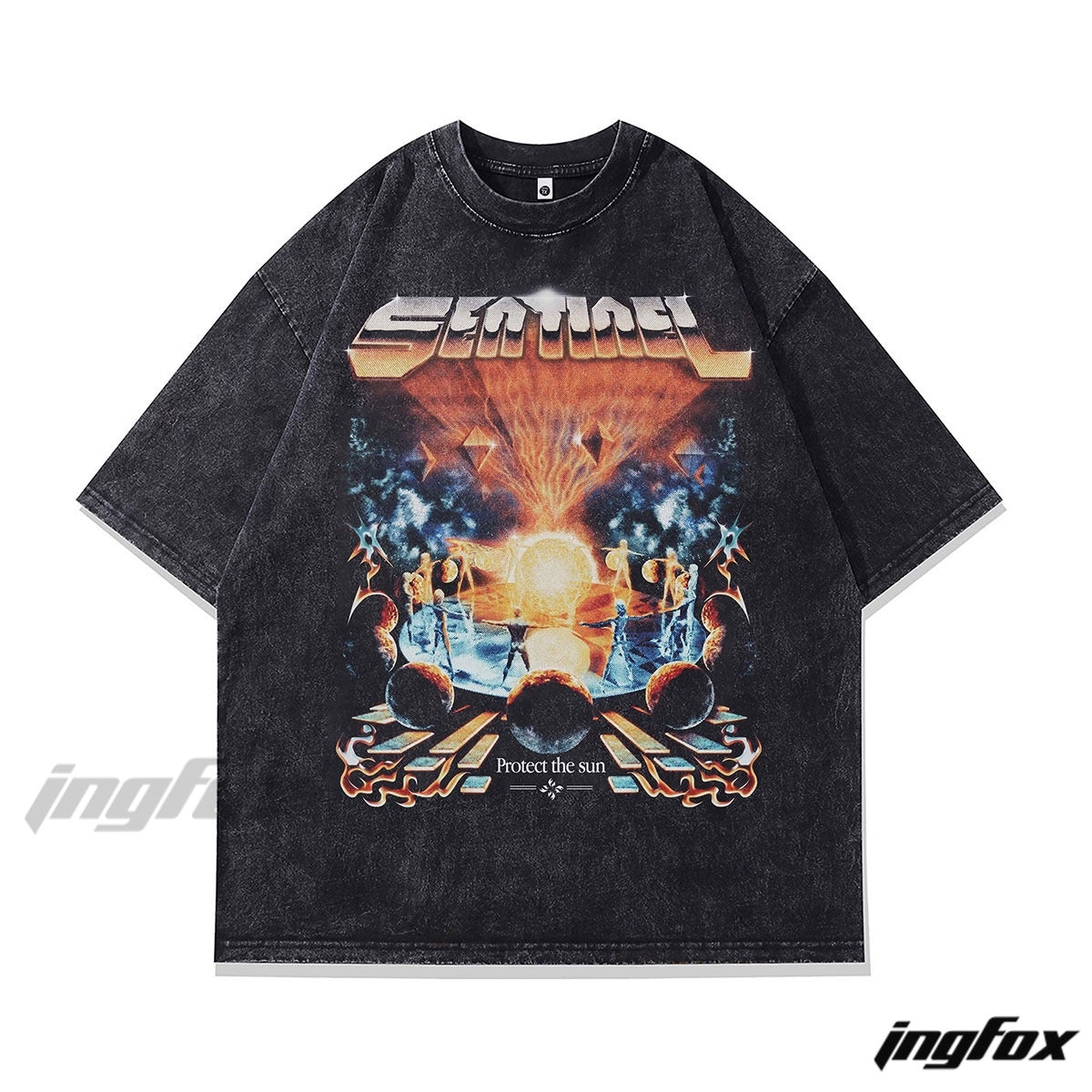 Sci-Fi Sun Sentinel Graphic Tee - Vintage Washed Oversized Style