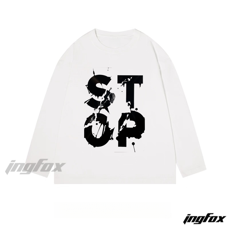 "STOP" Distressed Text Graphic - Classic Cotton Long Sleeve Tee