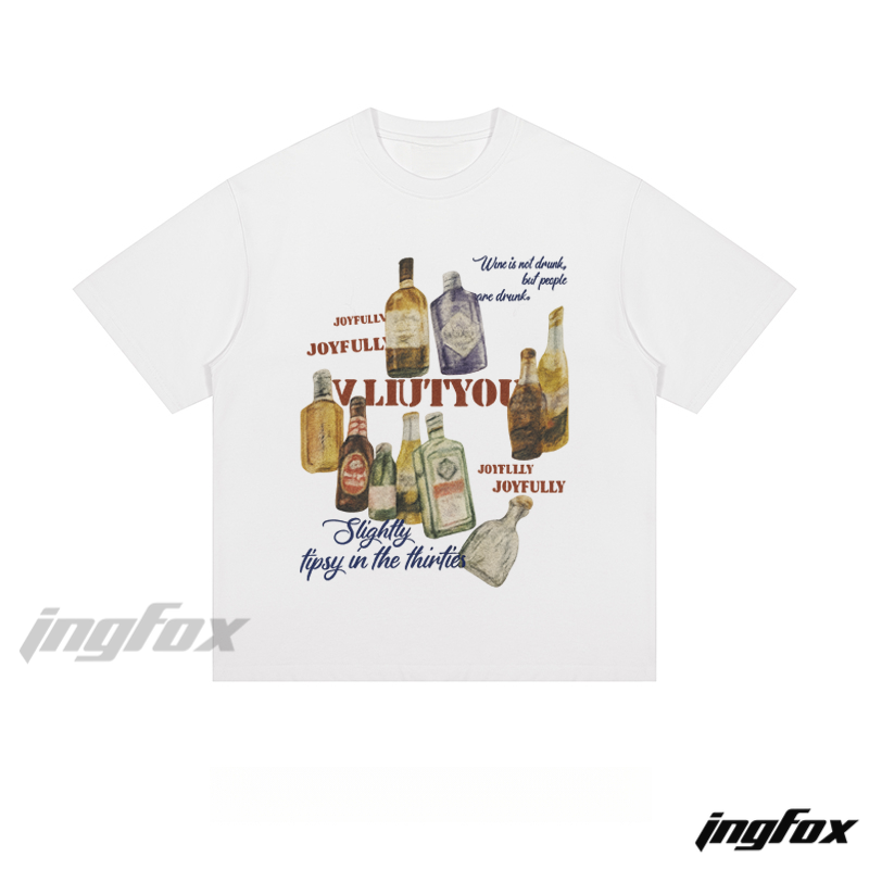 Vintage Liquor Bottles & Text Graphic - Loose Fit Short Sleeve T-Shirt