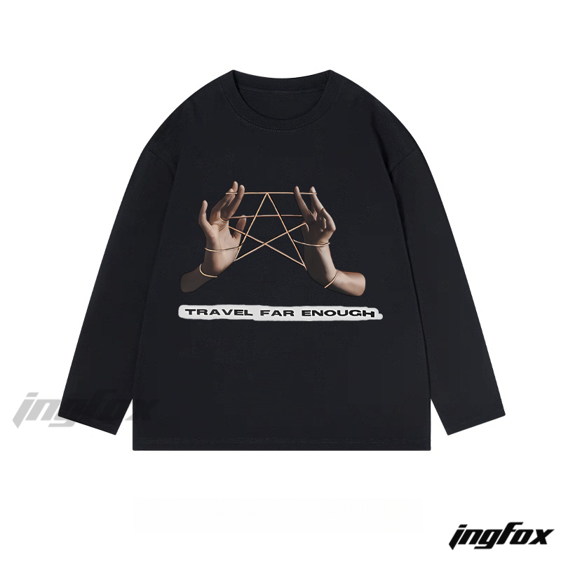 "Travel Far Enough" Hands Graphic - Classic Cotton Long Sleeve Tee