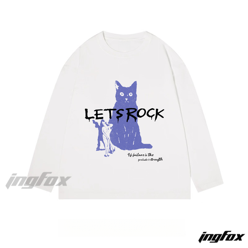 "LET'S ROCK" Cat and Text Graphic - Classic Cotton Long Sleeve Tee