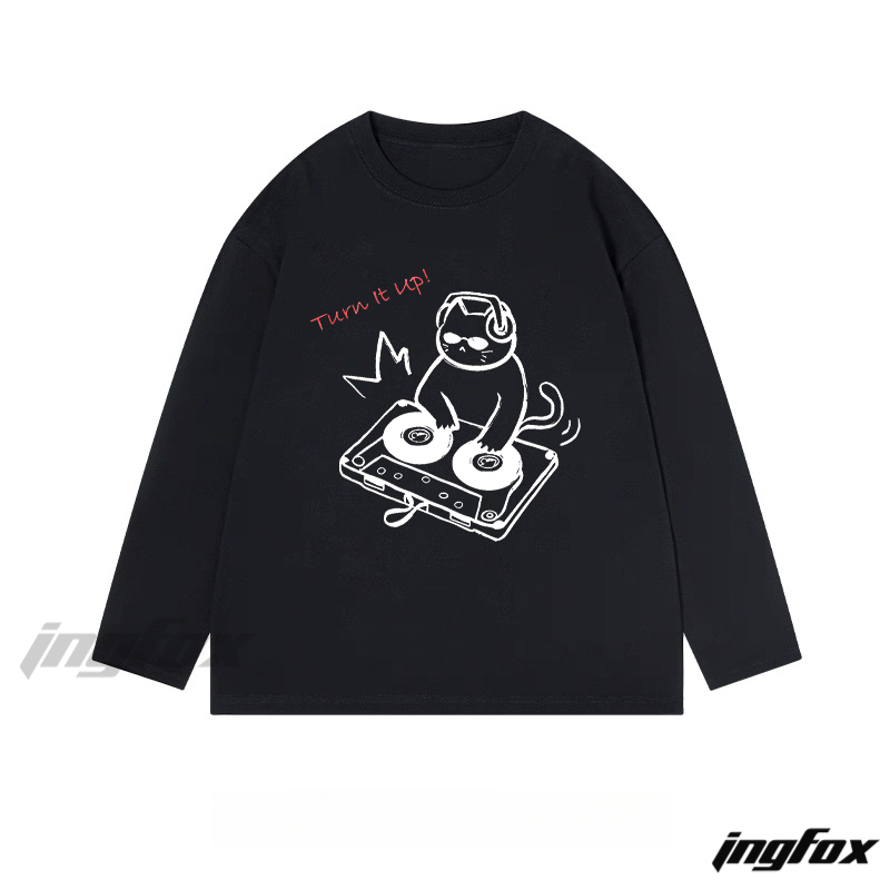 DJ Cat "Turn It Up!" - Themed Classic Cotton Long Sleeve Tee