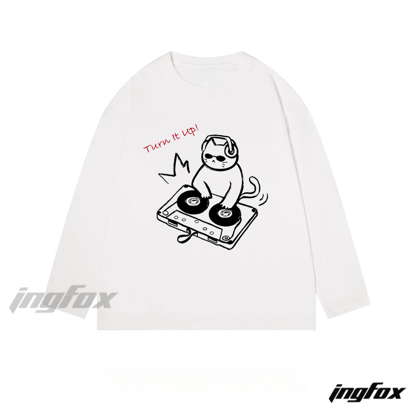 DJ Cat "Turn It Up!" - Themed Classic Cotton Long Sleeve Tee