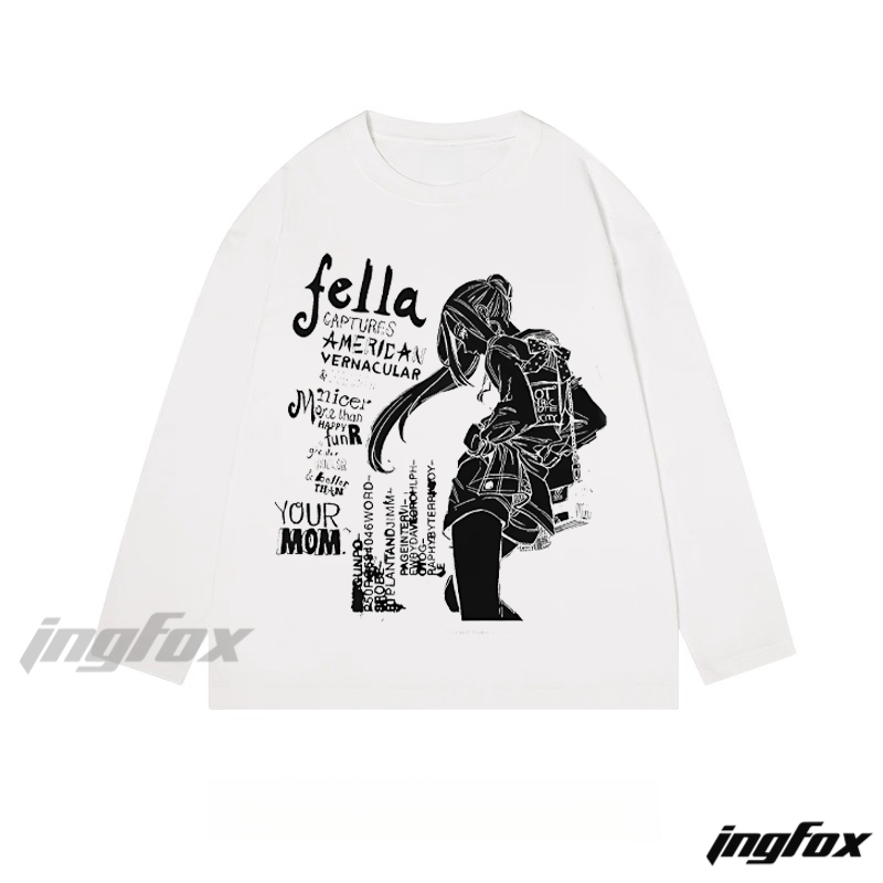 Anime - Style Figure and Text Collage Graphic - Classic Cotton Long Sleeve Tee