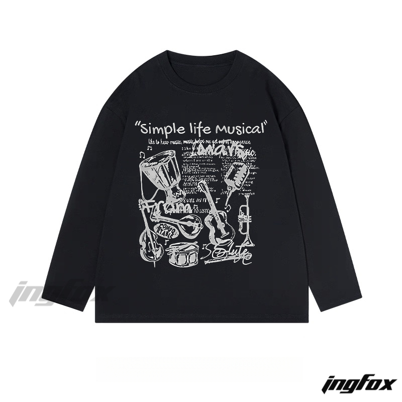 "Simple Life Musical" Instrument Collage Graphic - Classic Cotton Long Sleeve Tee