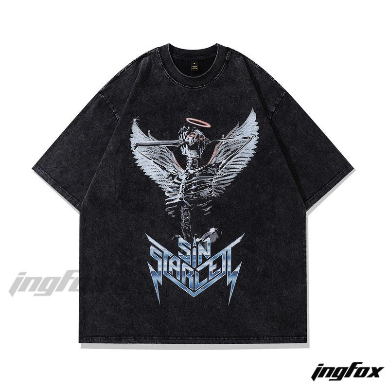 Gothic Angel Skull Vibe - Vintage Washed Oversized T-Shirt