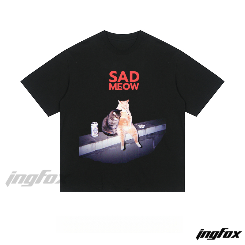 “Sad Meow” Cat Graphic - Loose Fit Short Sleeve T-Shirt