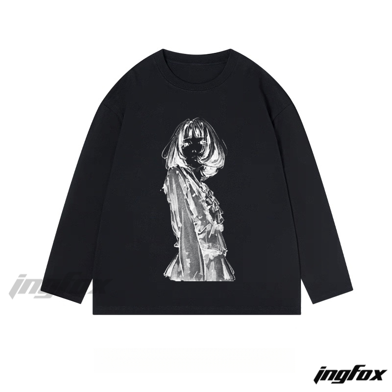 Ink - Style Portrait Graphic - Classic Cotton Long Sleeve Tee