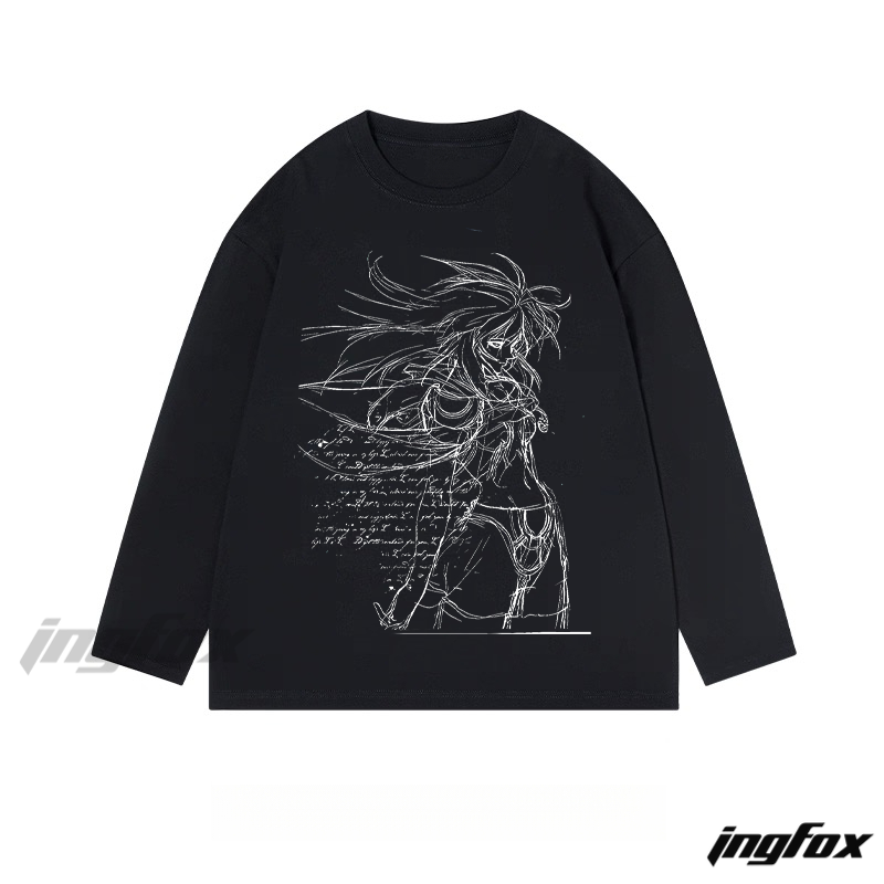 Anime - Style Sketch Figure Graphic - Classic Cotton Long Sleeve Tee