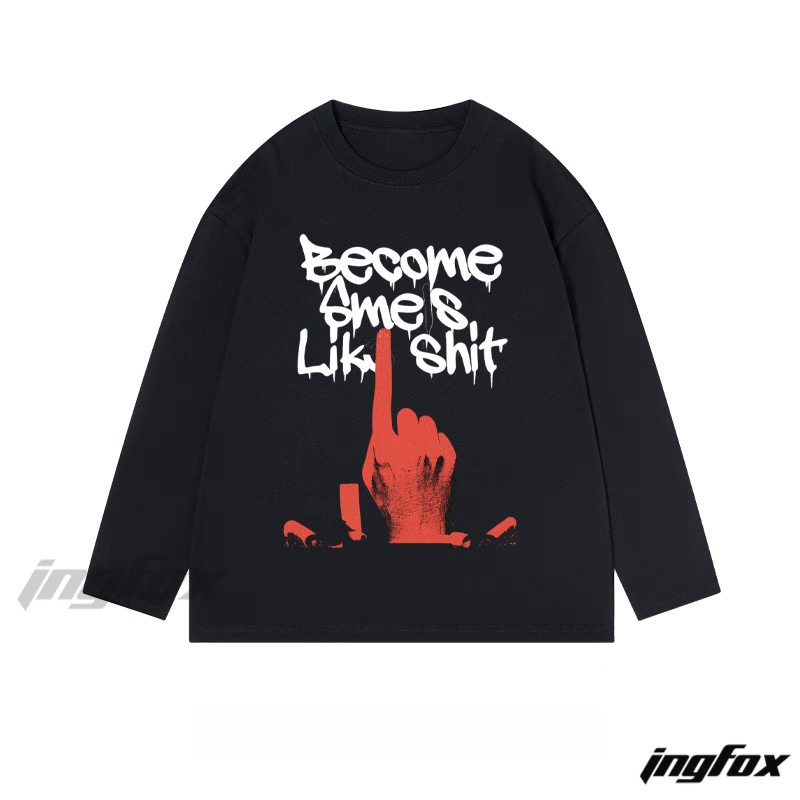 Edgy Hand Gesture and Text Graphic - Classic Cotton Long Sleeve Tee