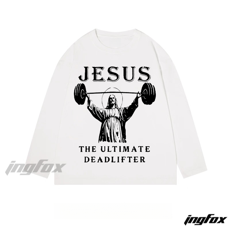 "Jesus The Ultimate Deadlifter" Faith and Fitness Graphic - Classic Cotton Long Sleeve Tee