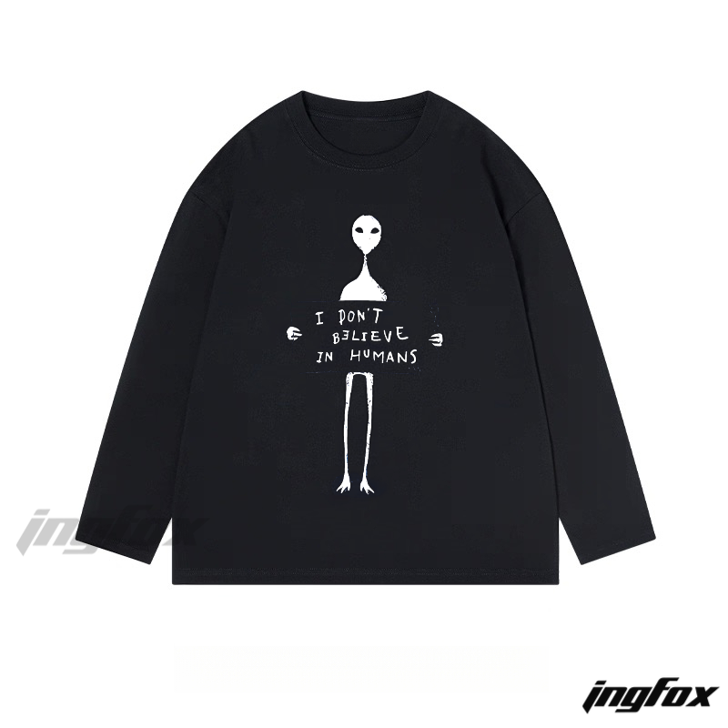 Alien "I don't believe in humans" - Themed Classic Cotton Long Sleeve Tee