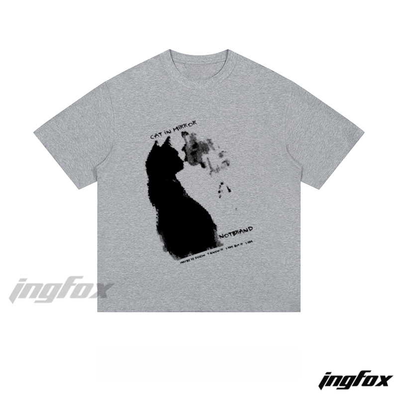 Cat in Mirror Graphic - Loose Fit Short Sleeve T - Shirt
