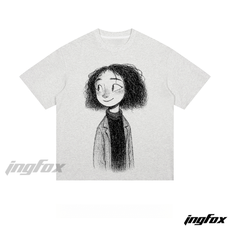 Curly - Haired Girl Sketch - Loose Fit Short Sleeve T - Shirt