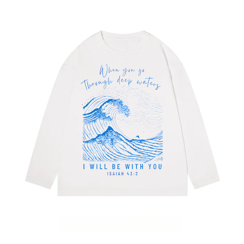 Isaiah 43:2 Biblical Text with Wave Graphic - Classic Cotton Long Sleeve Tee