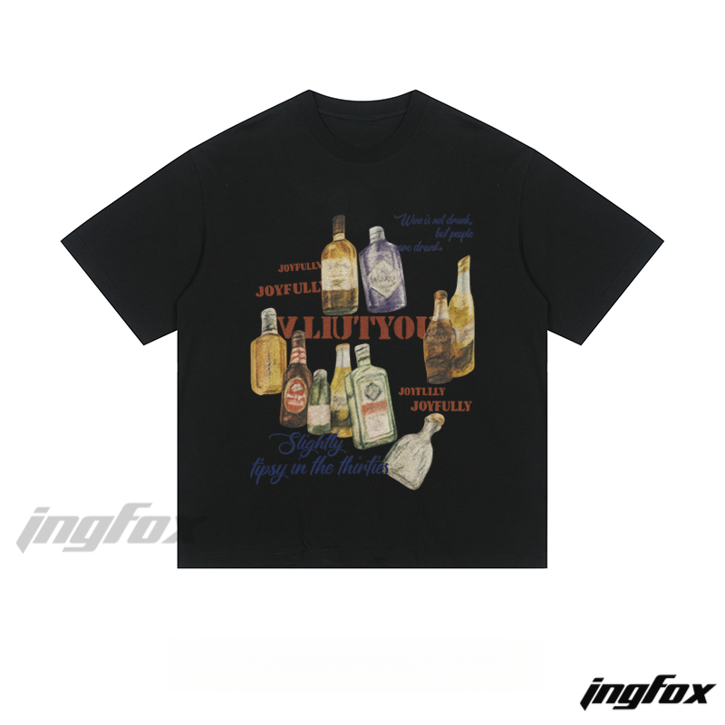 Vintage Liquor Bottles & Text Graphic - Loose Fit Short Sleeve T-Shirt