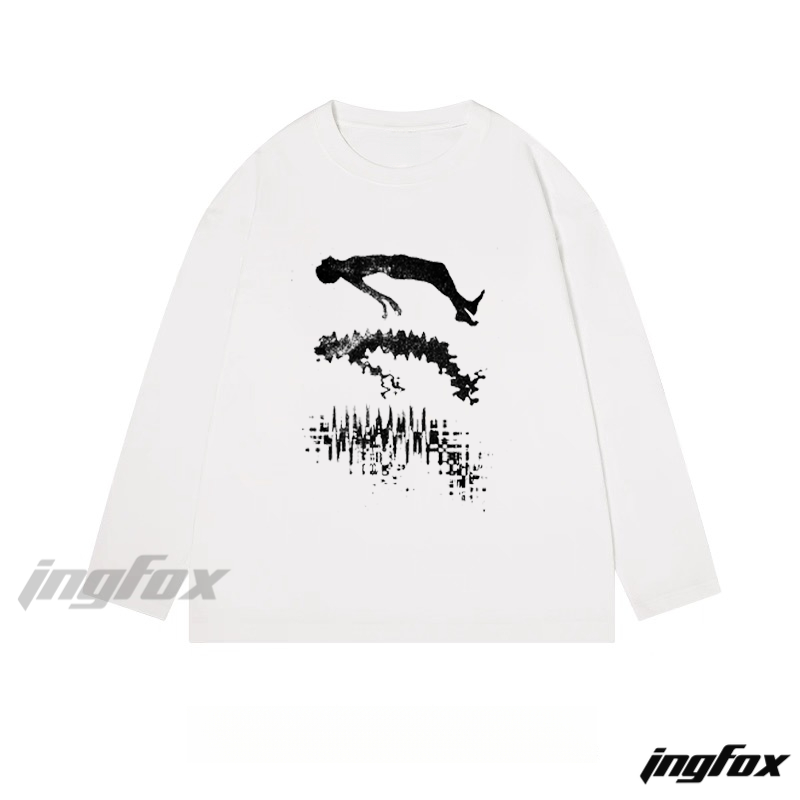 Abstract Floating Figure & Sound Wave Graphic - Classic Cotton Long Sleeve Tee